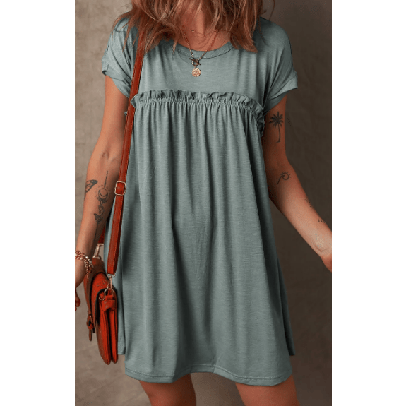 REDUCED!!! Mareena Mist Green Frilled Gathered Seam Round Neck T Shirt Dress REDUCED!!!