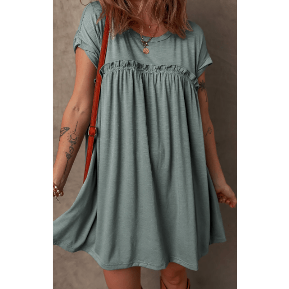 REDUCED!!! Mareena Mist Green Frilled Gathered Seam Round Neck T Shirt Dress REDUCED!!!