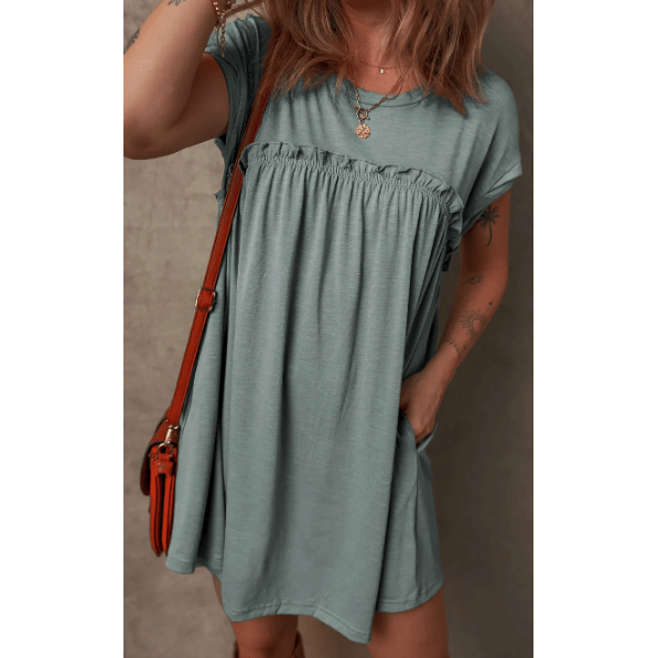 REDUCED!!! Mareena Mist Green Frilled Gathered Seam Round Neck T Shirt Dress REDUCED!!!