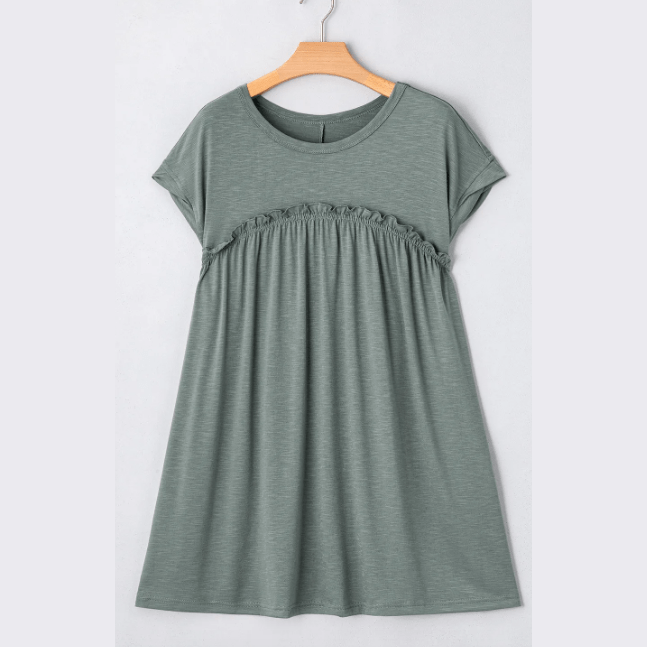 REDUCED!!! Mareena Mist Green Frilled Gathered Seam Round Neck T Shirt Dress REDUCED!!!