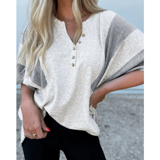 Charlize Two Tone Contrast Waffle Knit Patched Buttoned V Neck Top