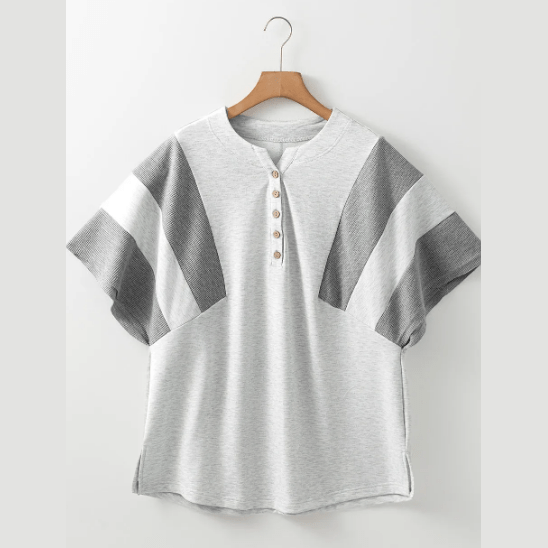 Charlize Two Tone Contrast Waffle Knit Patched Buttoned V Neck Top