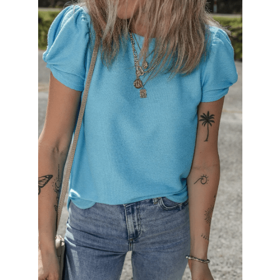 REDUCED!!! Kamryn Light Blue Bubble Sleeve Solid Color Elegant T-Shirt REDUCED!!!