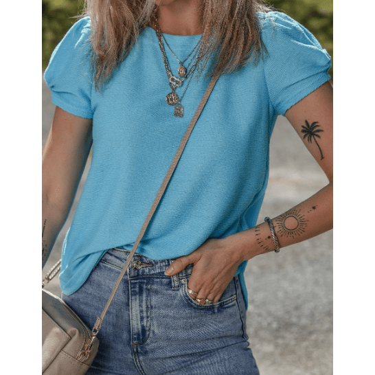 REDUCED!!! Kamryn Light Blue Bubble Sleeve Solid Color Elegant T-Shirt REDUCED!!!