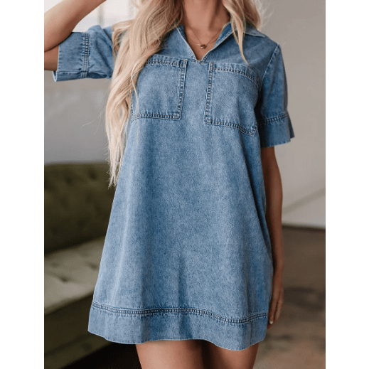 Mika Beau Blue Short Sleeve Collared Patched Pocket Denim Mini Dress