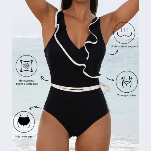Britta Black Color Contrast Ruffled Wrap V Neck Swimsuit