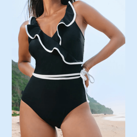 Britta Black Color Contrast Ruffled Wrap V Neck Swimsuit
