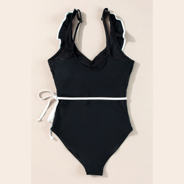 Britta Black Color Contrast Ruffled Wrap V Neck Swimsuit