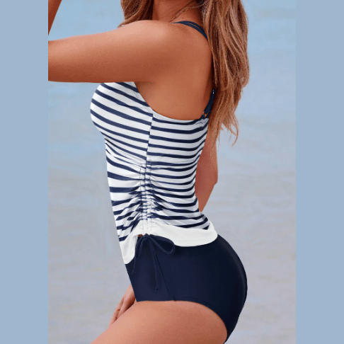Rach Blue Stripe Drawstring Tummy Control Mix-and-match 2pcs Tankini Swimsuit