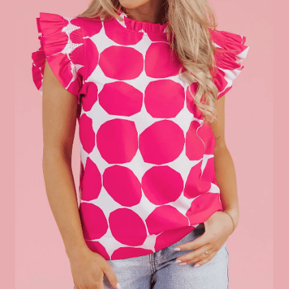 Isadora Bubblegum Pattern Frilled Collar Flutter Sleeve Top