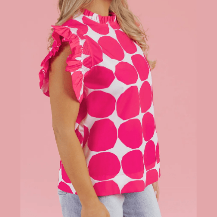 Isadora Bubblegum Pattern Frilled Collar Flutter Sleeve Top