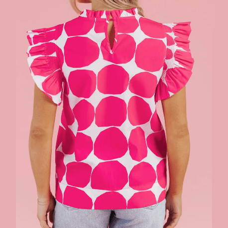 Isadora Bubblegum Pattern Frilled Collar Flutter Sleeve Top