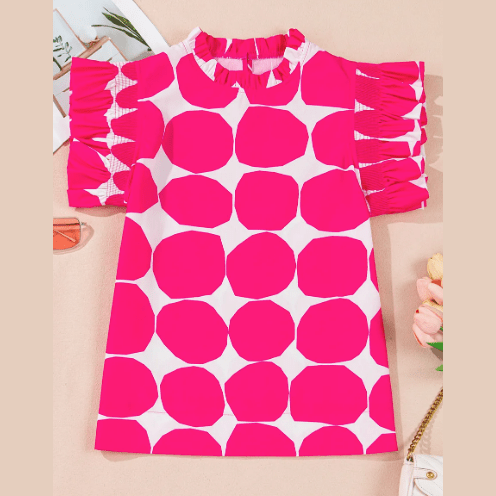 Isadora Bubblegum Pattern Frilled Collar Flutter Sleeve Top