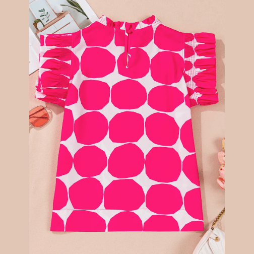 Isadora Bubblegum Pattern Frilled Collar Flutter Sleeve Top