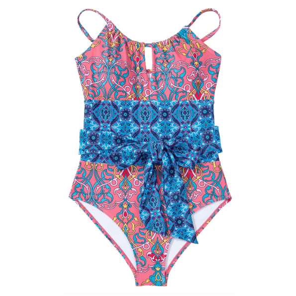 Cyril Blue Geometric Print Hollow Out Knotted Waist One Piece Swimsuit