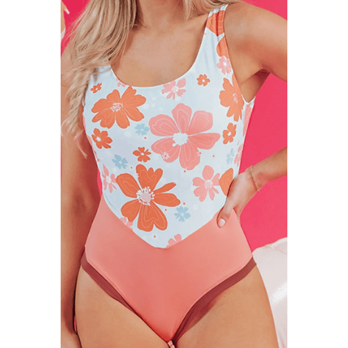 Jasma Orange Floral Patchwork Backless One Piece Swimsuit