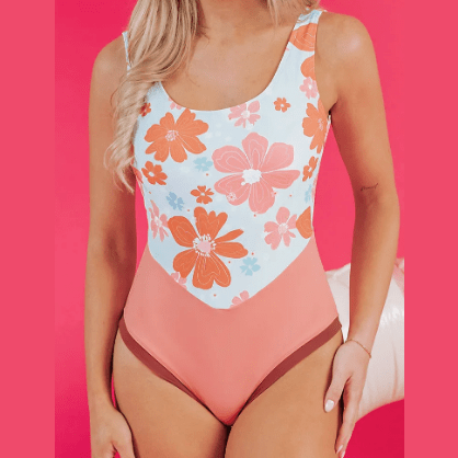 Jasma Orange Floral Patchwork Backless One Piece Swimsuit
