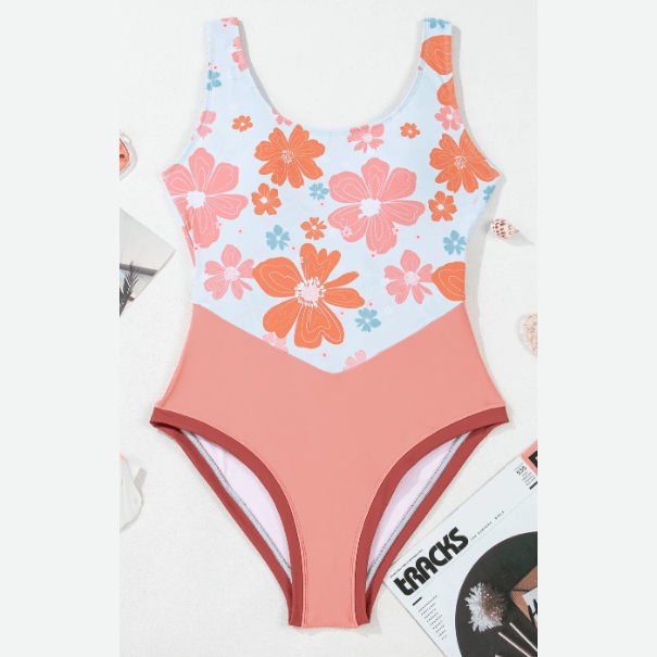 Jasma Orange Floral Patchwork Backless One Piece Swimsuit