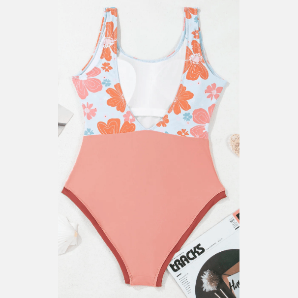 Jasma Orange Floral Patchwork Backless One Piece Swimsuit