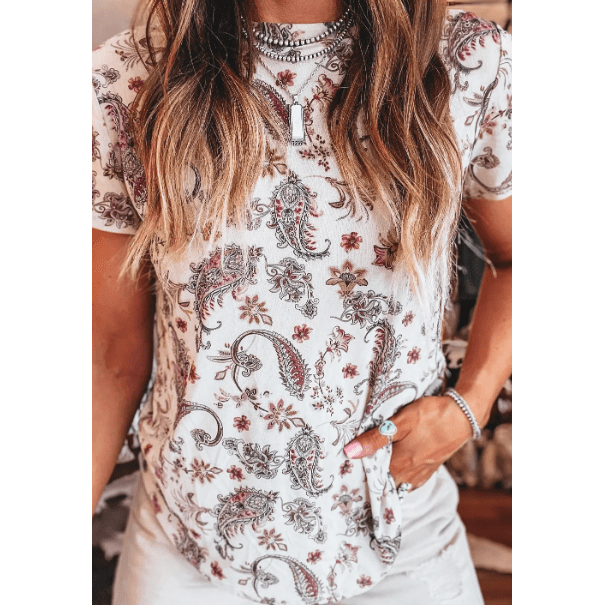 REDUCED!!! Francesca White Vintage Paisley Mock Neck T Shirt REDUCED!!!
