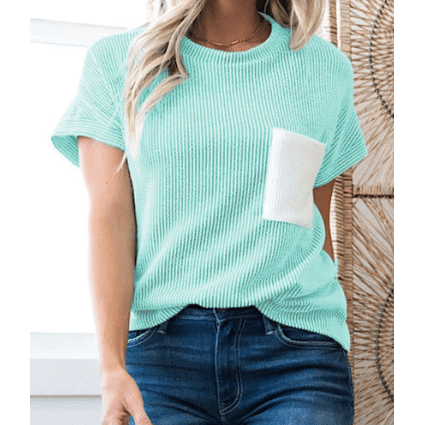Noelle Mint Corded Knit Color Block Pocketed Crew Neck T Shirt