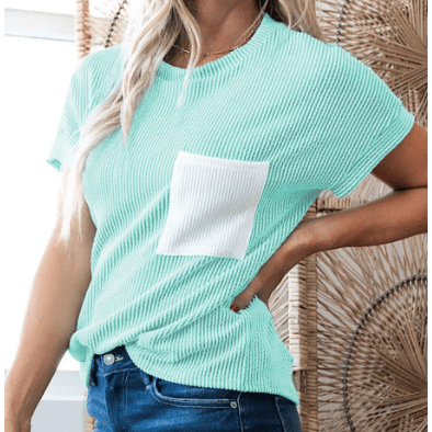 Noelle Mint Corded Knit Color Block Pocketed Crew Neck T Shirt