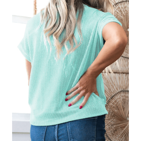 Noelle Mint Corded Knit Color Block Pocketed Crew Neck T Shirt