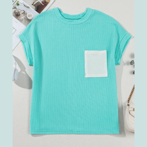 Noelle Mint Corded Knit Color Block Pocketed Crew Neck T Shirt