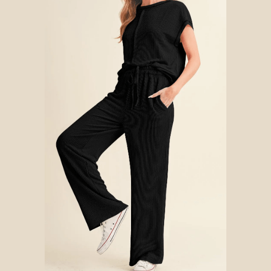 Trix Black Corded Short Sleeve Top and Casual Pants Set