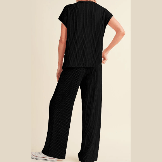 Trix Black Corded Short Sleeve Top and Casual Pants Set
