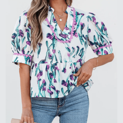 Milly Purple Floral Ricrac Trim Half Sleeve Peplum Top