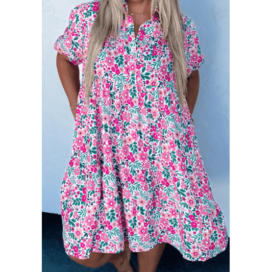 Donda Floral Half Button Short Puff Sleeve A-line PLUS SIZE Dress