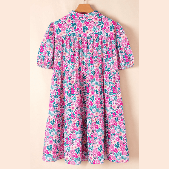 Donda Floral Half Button Short Puff Sleeve A-line PLUS SIZE Dress