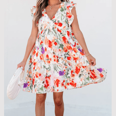 Deany Pink Floral Double Ruffle Sleeve V Neck High Waist Mini Dress