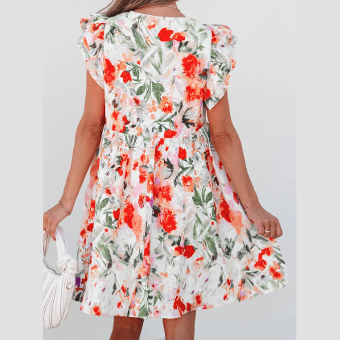Deany Pink Floral Double Ruffle Sleeve V Neck High Waist Mini Dress
