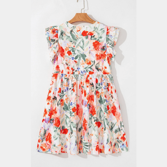 Deany Pink Floral Double Ruffle Sleeve V Neck High Waist Mini Dress