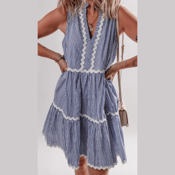 Astrid Blue Stripe Sleeveless Notched V Neck Contrast Ric Rac Mini Dress