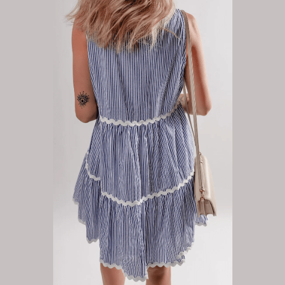Astrid Blue Stripe Sleeveless Notched V Neck Contrast Ric Rac Mini Dress