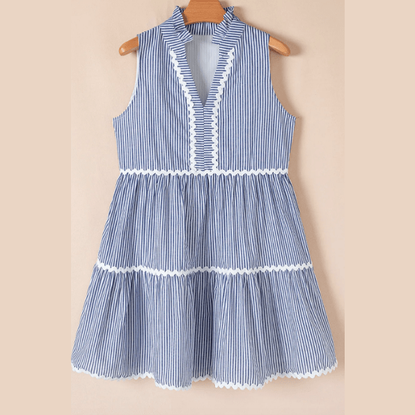 Astrid Blue Stripe Sleeveless Notched V Neck Contrast Ric Rac Mini Dress