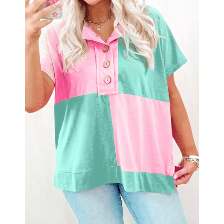 Alberta Green Two Tone Half Buttons Collared T Shirt