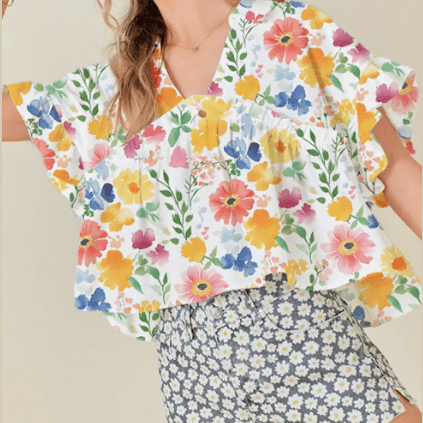Camilla Yellow Floral Boxy Fit Ruffled Short Sleeve V Neck Blouse