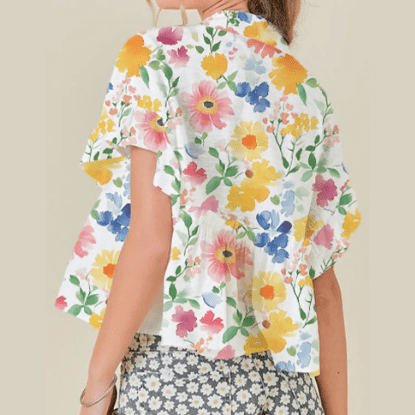 Camilla Yellow Floral Boxy Fit Ruffled Short Sleeve V Neck Blouse