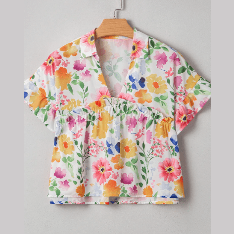 Camilla Yellow Floral Boxy Fit Ruffled Short Sleeve V Neck Blouse