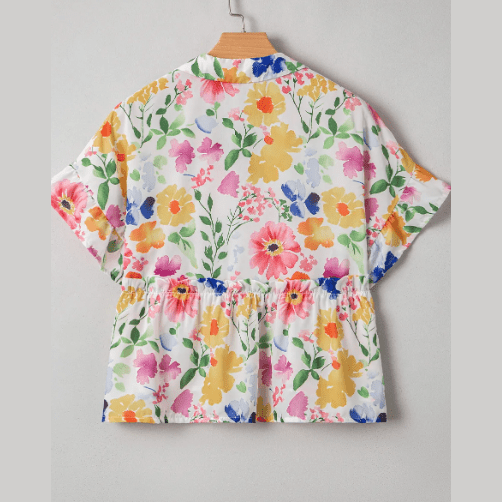 Camilla Yellow Floral Boxy Fit Ruffled Short Sleeve V Neck Blouse