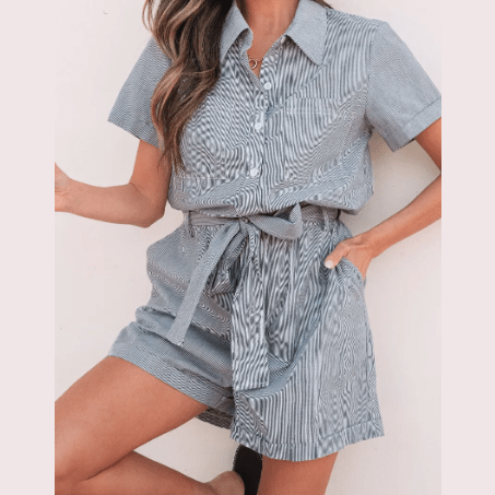 Danika Blue Stripe Chest Pockets Buttoned Belted High Waist Romper