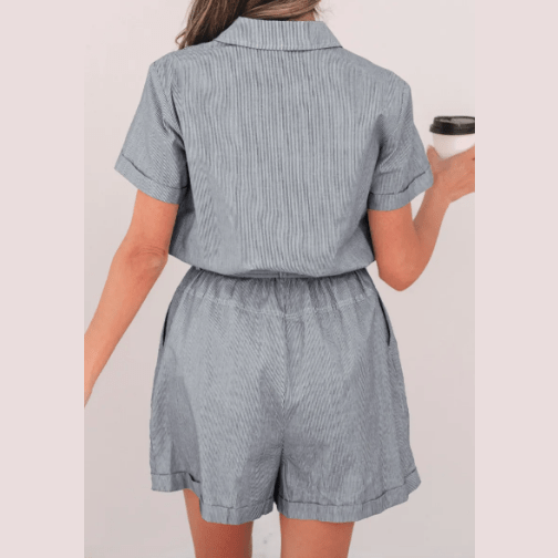Danika Blue Stripe Chest Pockets Buttoned Belted High Waist Romper