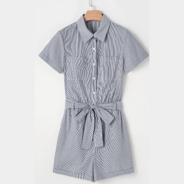 Danika Blue Stripe Chest Pockets Buttoned Belted High Waist Romper