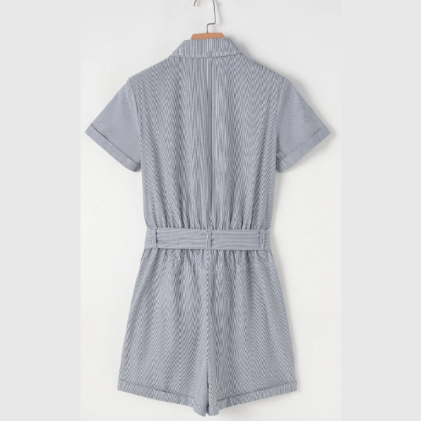 Danika Blue Stripe Chest Pockets Buttoned Belted High Waist Romper