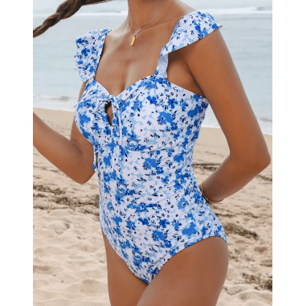 Mady Blue Floral Ruffled Strap Lace-up Hollow Out One Piece Swimsuit