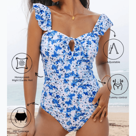 Mady Blue Floral Ruffled Strap Lace-up Hollow Out One Piece Swimsuit
